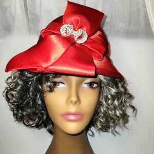 Mr. Hi's Classic Designer Collection Red Cloche Bucket Rhinestone Brooch Hat